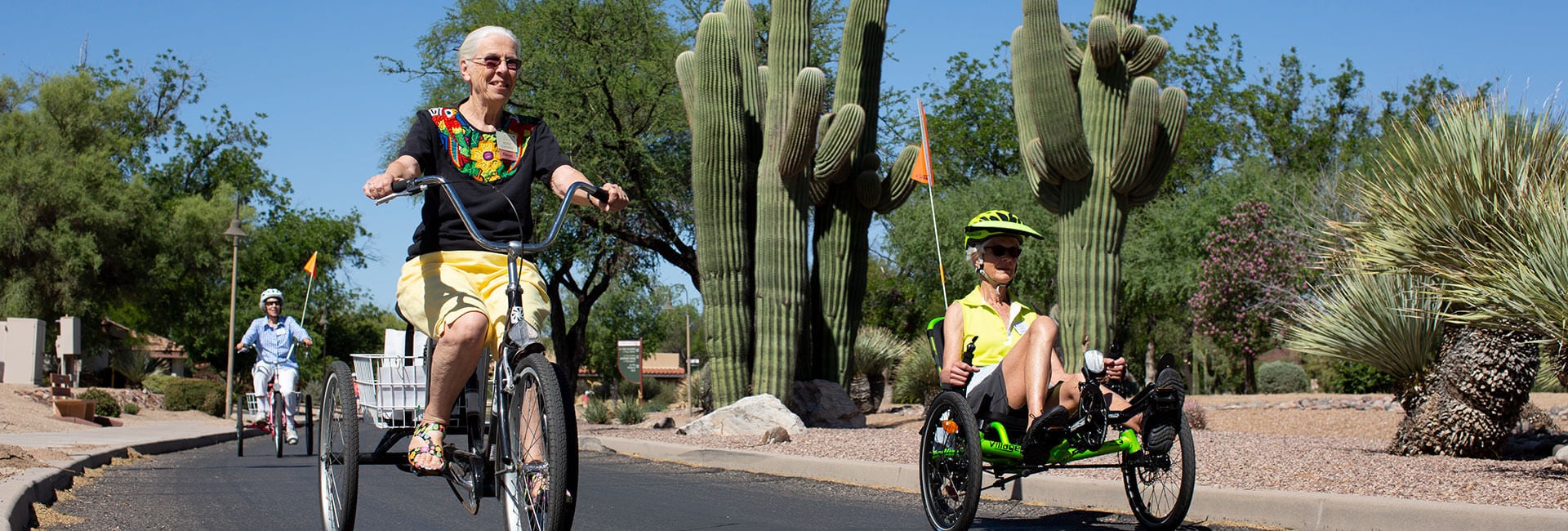Group of senior women riding their bikes down the street.