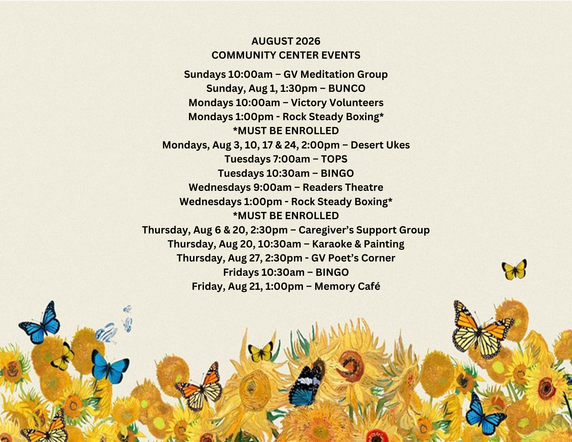 La Posada Community Center Activities - August 2026